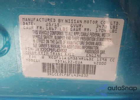 2015 Nissan Versa Note Sv из США, поврежденный, VIN 3N1CE2CP8FL434832